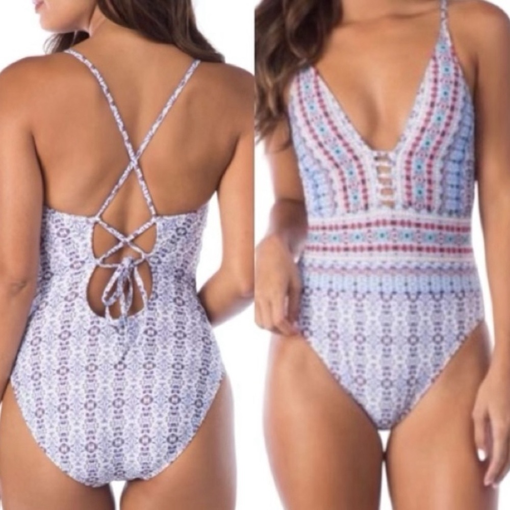 La Blanca Women's Standard V-Neck Lace UpFront One Piece Swimsuit Size 14